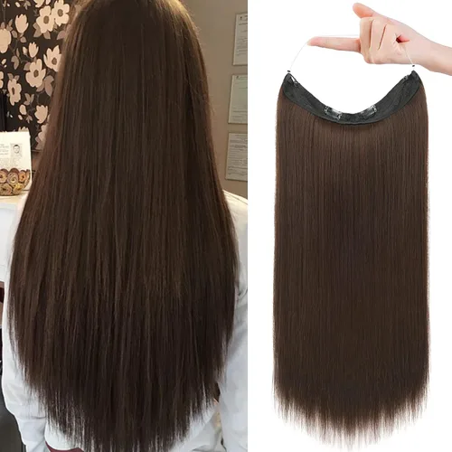 Vista 13 de REECHO - Extensiones de cabello con alambre invisible y con cintillo transparente, tamaño ajustable, clips seguros extraíbles, cabello lacio, diseño