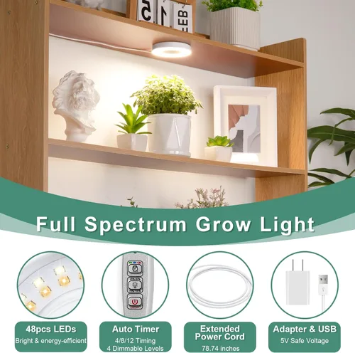 Vista 4 de LORDEM Luz de cultivo para plantas de interior, 48 luces LED de techo de espectro completo, lámpara de cultivo con cable de 5 V con interruptor