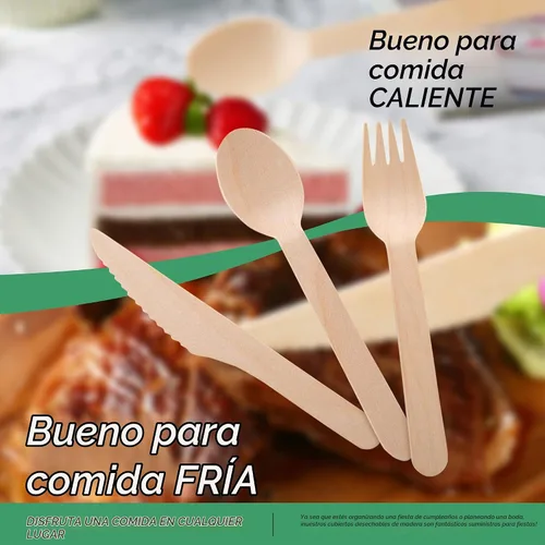 Vista 5 de Tenedores de madera desechables, paquete de 100 unidades, 6.5 pulgadas de longitud, biodegradables, utensilios de madera natural, ideales