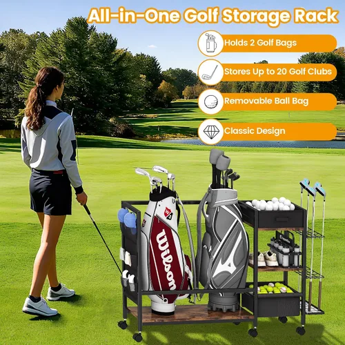 Vista 2 de Organizador de almacenamiento de bolsa de golf para garaje, organizador de golf con estante de golf adicional y bolsa lateral de tela para 20 palos