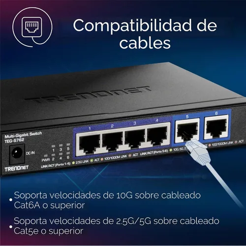 Vista 12 de TRENDnet Switch 10G de 6 puertos, 4 puertos 2.5G RJ-45 Base-T, 2 puertos RJ-45 10G, capacidad de conmutación de 60Gbps, montable en pared