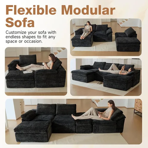Vista 3 de Sofá modular de nube de 108 pulgadas para sala de estar, sofá deshuesado en forma de U con asiento profundo, moderno de 5 plazas con otomana