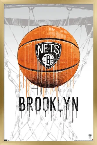 Vista 17 de Trends International NBA Brooklyn Nets - Póster de pared Drip Basketball 21, 14.725 x 22.375 pulgadas, versión enmarcada de madera de granero