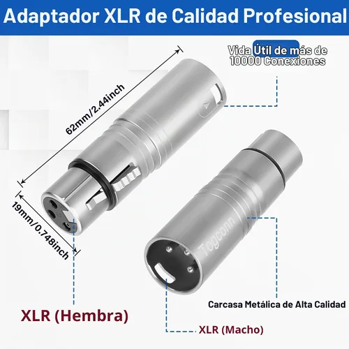 Vista 2 de Adaptador de micrófono XLR 2 unidades, 3 pines XLR macho a hembra, convertidor de conector de extensión de audio para altavoz, mezcladores,