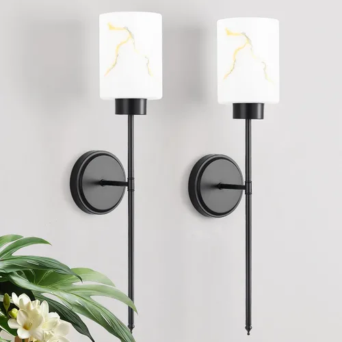 Vista 16 de Juego de 2 apliques de pared dorados con pantalla de vidrio de mármol, accesorios modernos de tocador de baño para dormitorio, pasillo, entrada