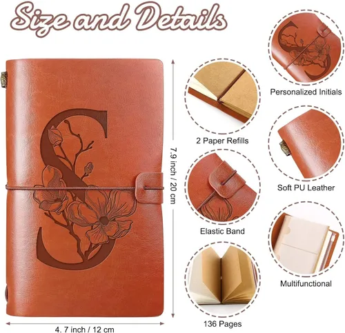 Vista 2 de Booson Diario de viaje inicial de cuero, cuaderno personalizado con monograma, regalos de apreciación, diario recargable personalizado, bloc