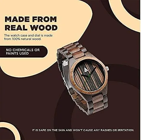 Vista 6 de treehut Reloj de madera para hombre con correa de madera ajustable y hebilla de acero inoxidable, reloj analógico de cuarzo japonés con caja