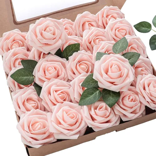 Vista 20 de Floroom Flores artificiales, 25 piezas de rosas falsas de espuma dorada antigua de aspecto real con tallos para ramos de boda DIY, centros de mesa