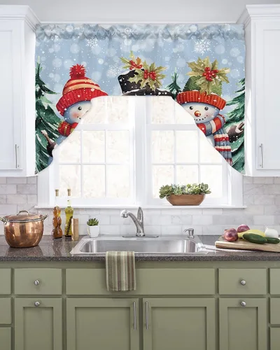 Vista 15 de Juego de cortinas de cocina con cenefa de Navidad de invierno, 3 piezas con bolsillo para barra, cortinas para dormitorio, sala de estar, baño