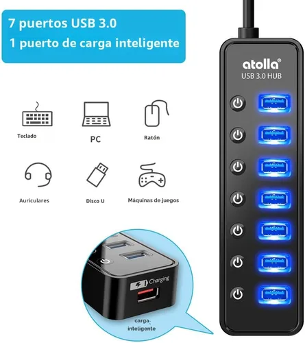 Vista 3 de Atolla - Hub USB 3.0 alimentado, divisor de concentrador de datos USB 3.0 de 8 puertos con un puerto de carga inteligente e interruptores