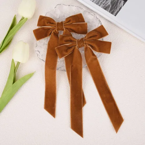 Vista 3 de 2 piezas de broches de cinta de terciopelo con lazos de pelo marrones, broches grandes de cocodrilo de otoño, accesorios para el cabello