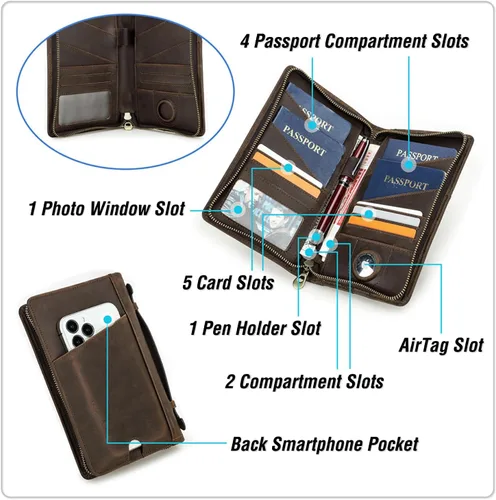 Vista 5 de Funda de cuero de grano superior para pasaporte de viaje para hombre y mujer, hecha a mano para 4 pasaportes y múltiples tarjetas, bloqueo RFID