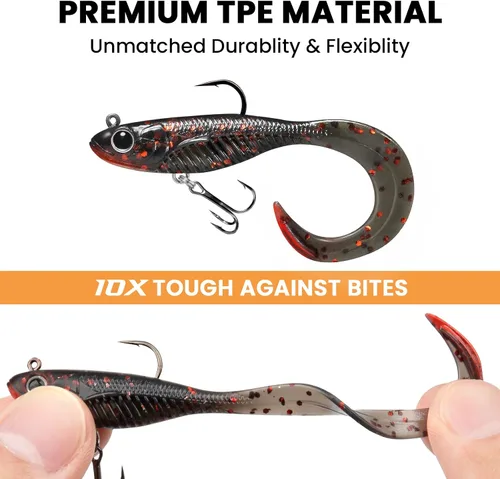 Vista 3 de TRUSCEND Duramax TPE Soft Fishing Lures with BKK Hooks, Easy Catch Curly & T-Tail for Trembly Sinking & Vibrating Swim, UV or Glow Effect for All