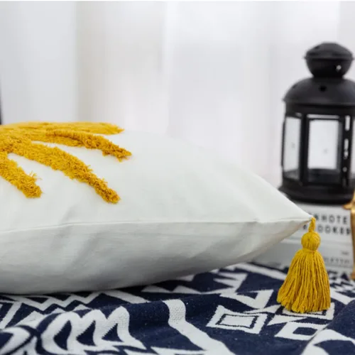 Vista 2 de Funda de almohada tejida con sol amarillo dorado, estilo bohemio étnico, acogedora funda de cojín para dormitorio, sala de estar, sofá, regalo