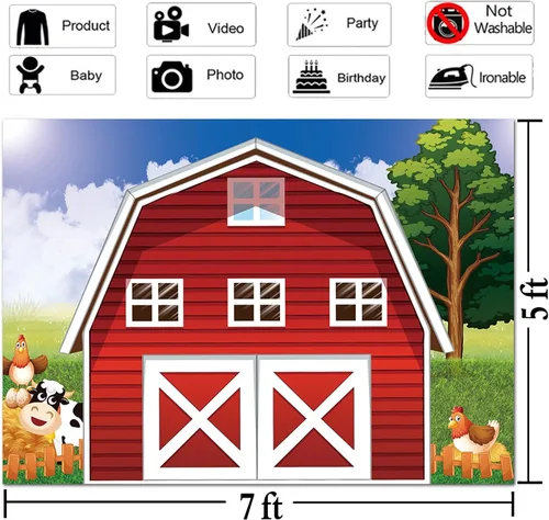 Vista 5 de Telón de fondo de fotografía de granja de dibujos animados de 7 x 5 pies, animales rústicos, granero rojo, fondo de fotos para niños, decoración