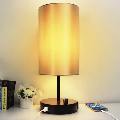 Vista 9 de HiBay Lámpara de mesita de noche regulable de 17.75 pulgadas con estación de carga, 2 puertos USB y salida de CA, luz rústica de grano de madera