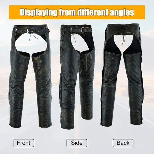 Vista 7 de GARGOYLE BELLS Chaparreras de cuero para motocicleta premium para hombres y mujeres, chaparreras de cuero de vaquero con cremallera auténtica