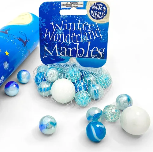 Vista 3 de House of Marbles Winter Wonderland Net Bag of Marbles - Juego de 21 piezas de mármol de vidrio azul, blanco y transparente con 1 tirador y canicas
