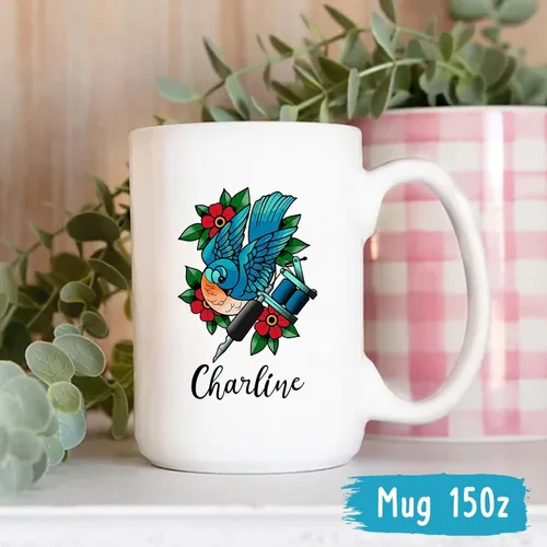 Vista 5 de Taza de artista de tatuaje floral, taza de café personalizada para tatuajes, taza de tatuaje personalizada con nombre regalo para amantes