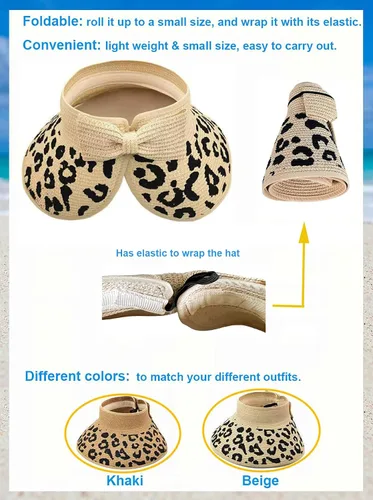 Vista 5 de Sombrero de paja con protección UV, visera de playa, sombrero de ala ancha, estampado de leopardo, enrollable, plegable para mujer