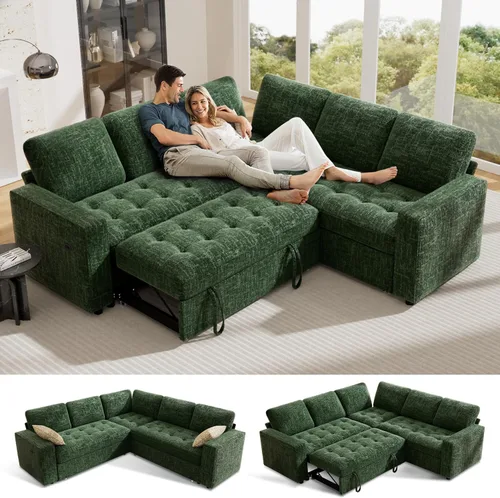 Vista 11 de Vipbear Sofá cama modular en forma de L de 7 asientos con otomana/cama extraíble/respaldo reclinable/puertos USB/mesa/luz LED/asiento de Negro