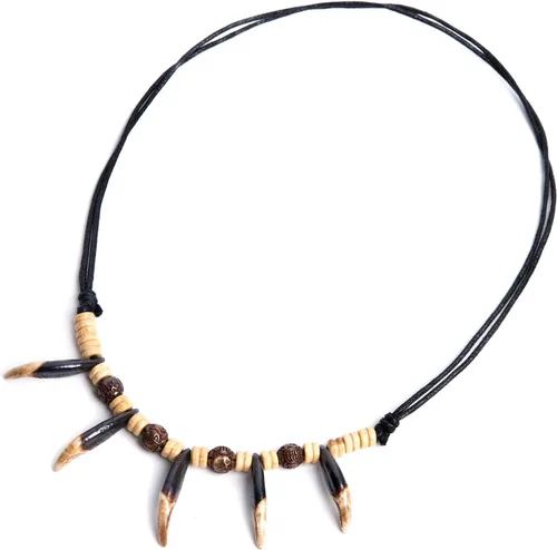 Vista 4 de Collar unisex de búfalo tallado con cuentas de diente de cuentas de tribu india, collar de hombre de las cavernas, Madera