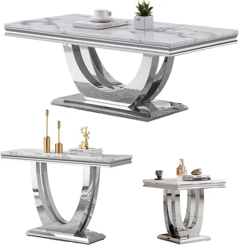 Vista 8 de SSLine Moderna mesa de centro de 1 pieza para sala de estar, mesa de centro de lujo de mármol sintético con patas de acero inoxidable en forma de S