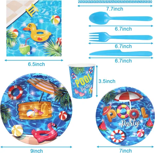 Vista 3 de PHOGARY Juego de vajilla de 93 piezas para fiesta de verano en la piscina, incluye platos de fiesta en la piscina, servilletas, pajitas, cucharas