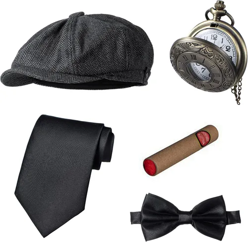 Vista 5 de Chaleco de disfraz de los años 20 para hombre, sombrero y accesorios para reloj de bolsillo, juego de accesorios para fiesta de adultos