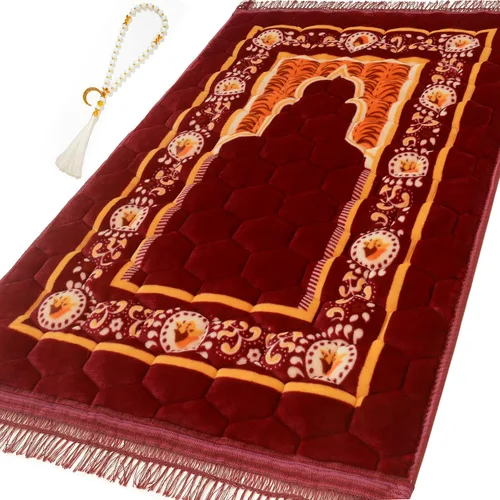 Vista 10 de Alfombra de Oración Musulmana Mat Islámica - Alfombra de Oración Sajadah Acolchada Muy Gruesa para Hombres y Mujeres con Cuentas de Oración del Azul