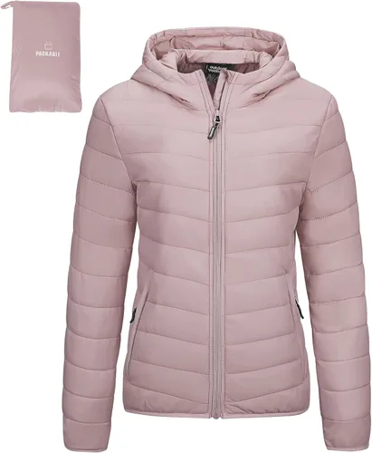 Vista 15 de Outdoor Ventures Chaqueta Puffer Ligera Empacable para Mujer con Cremallera Completa y Capucha, Abrigo de Invierno Acolchado Verde militar