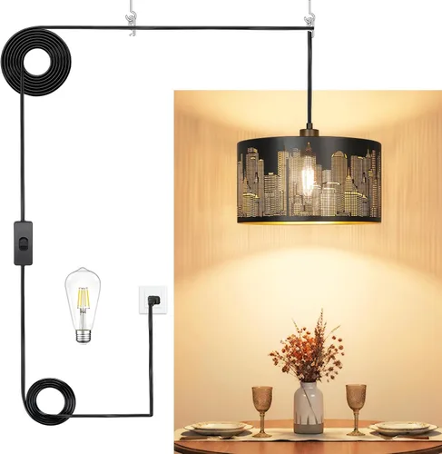 Vista 8 de Luz Colgante Enchufable, Lámpara Colgante con Cable Enchufable, Luces Colgantes Rústicas de Granja con Bombilla Regulable de 3 Vías, Accesorios