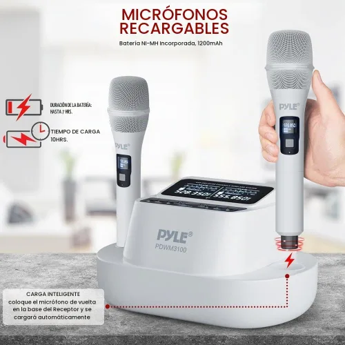 Vista 4 de Pyle Sistema de micrófono inalámbrico UHF con micrófonos de mano duales, recargable por USB, receptor de frecuencia fija Bluetooth, audio DSP