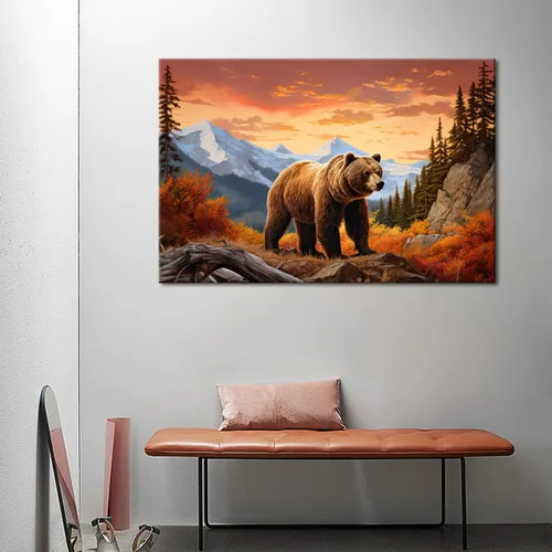 Vista 2 de GLOKAKA Arte abstracto de pared con diseño de oso marrón en la montaña Giclée, póster con imagen de bosque y montaña rocosa, obra de arte