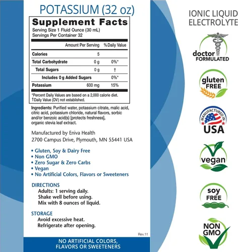 Vista 2 de Eniva Health - Suplemento iónico líquido de potasio para reemplazo de electrolitos y apoyo metabólico 600 mg Sin gluten, sin azúcar y apto