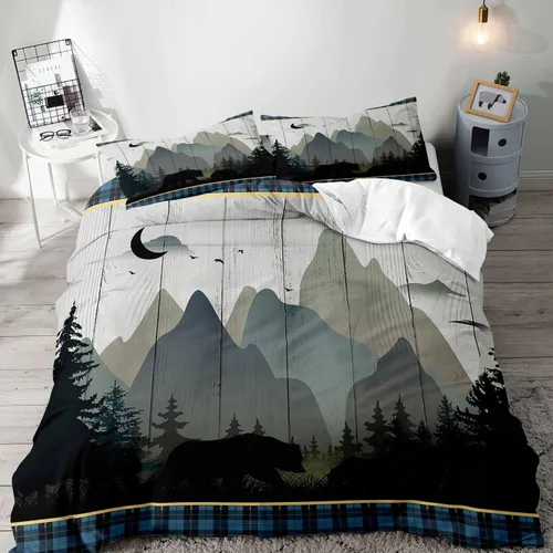 Vista 16 de LUVIVIHOME 2 piezas de funda de edredón con diseño de osos, alces y ciervos en negro, juego de cama individual, ropa de cama rústica de estilo La