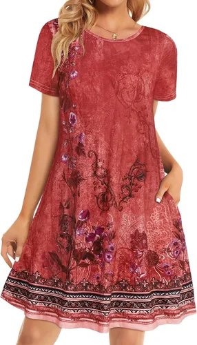 Vista 19 de Vestidos de verano para mujer, informales, holgados, estilo camiseta, florales, de manga corta, con vuelo y bolsillos, para la playa