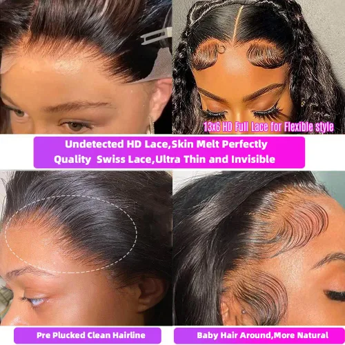 Vista 4 de Pelucas de cabello humano ondulado con encaje frontal HD de densidad 200, prearrancadas de 13 x 6 pulgadas, pelucas de cabello humano con encaje
