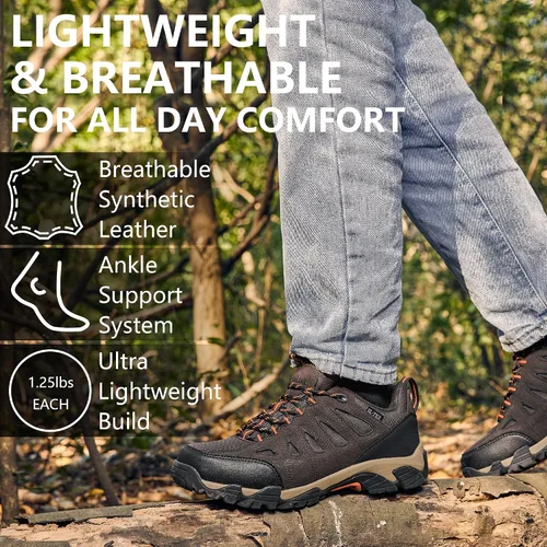Vista 4 de SHULOOK Botas de senderismo impermeables para hombre, ligeras, antideslizantes, al aire libre, botas de tobillo transpirables, senderismo