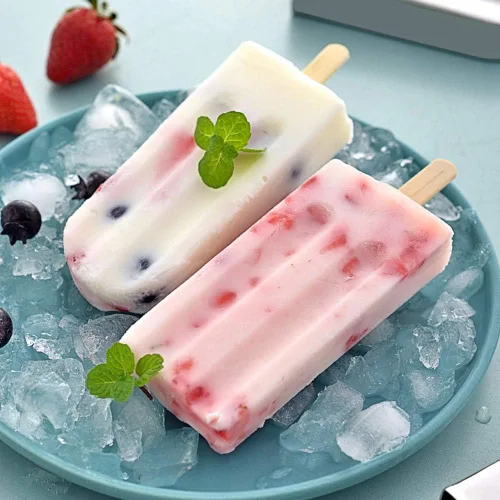 Vista 7 de Molde de paletas de acero inoxidable, moldes para paletas de hielo con estante, 55 palitos de bambú, cepillo de limpieza, 10 bolsas de burbujas (A)