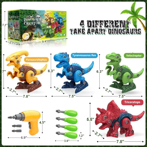 Vista 2 de Juguetes de dinosaurio para niños de 3, 4, 5, 6, 7 años, juguetes desmontables con taladro eléctrico para niños, juguete educativo de construcción
