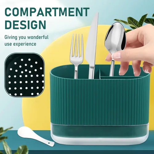 Vista 9 de Soporte para utensilios de cocina, organizador de cubiertos de plástico con drenaje para palillos, 3 compartimentos, cuchara y tenedor