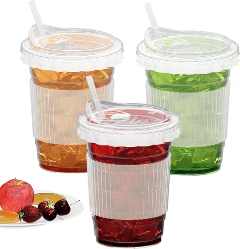 Vista 4 de HAPPYFACE Paquete de 100 vasos desechables de plástico transparente de 16 onzas con tapas para sorber, popotes, protectores de salpicaduras de papel