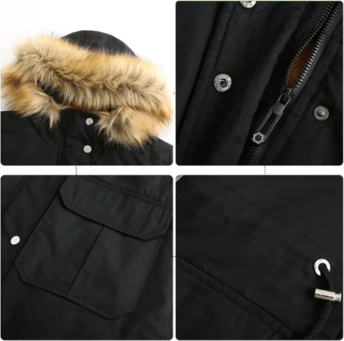 Vista 7 de DOSLAVIDA Abrigo grueso con capucha para mujer, chaqueta de invierno cálida con forro polar, chaqueta larga de algodón con capucha de pelo sintético