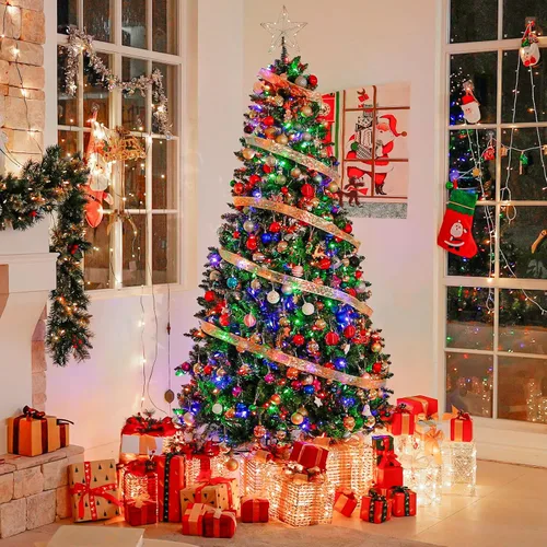 Vista 8 de Hykolity - Árbol de Navidad artificial preiluminado de 6 pies con 250 LED multicolor, ramas de PVC ignífugas, 1,032 puntas, 10 modos