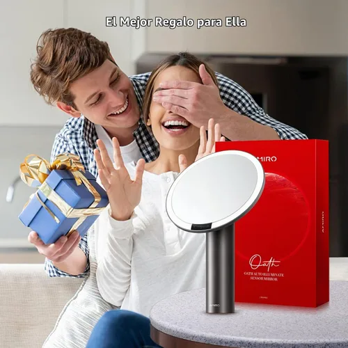 Vista 7 de AMIRO Espejo de maquillaje iluminado de 9" con sensor inteligente y control táctil, 3 colores y 6 niveles de brillo, recargable e inalámbrico Negro