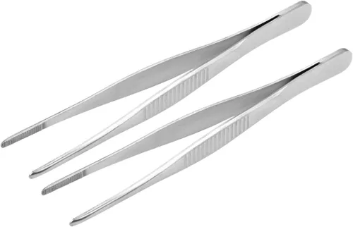 Vista 4 de Pinzas de acero inoxidable de 5 pulgadas con punta dentada recta, pinzas multiusos para reparación de manualidades, paquete de 2
