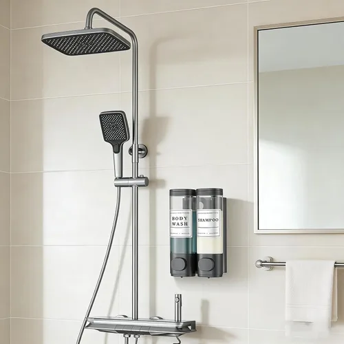 Vista 2 de Dispensador de champú y acondicionador de baño, dispensador de jabón de ducha montado en la pared, dispensador de champú para pared de ducha, sin