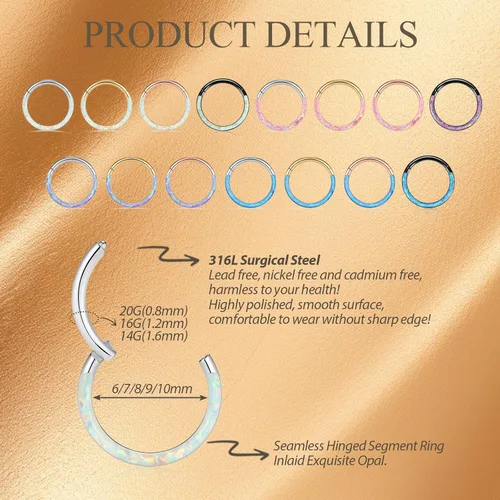 Vista 3 de Opal Septum Jewelry Surgical Steel Septum Ring Daith Rook Tragus Earring