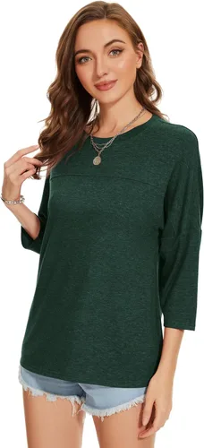 Vista 137 de ZENNILO Camisetas casuales de manga 3/4 para mujer, holgadas, cuello redondo, lindas camisetas básicas